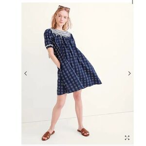 Madewell Embroidered Puff-Sleeve Babydoll Dress in Indigo Plaid